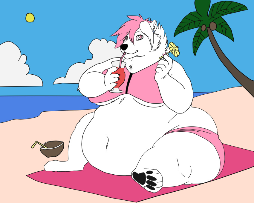 5:4 anthro belly big_belly biglovealicia biped clothed clothing danny_(lepidusdelsol)_(character) fur hair hi_res male mammal overweight overweight_anthro overweight_male pink_hair polar_bear solo thick_thighs ursid ursine white_body white_fur wide_hips