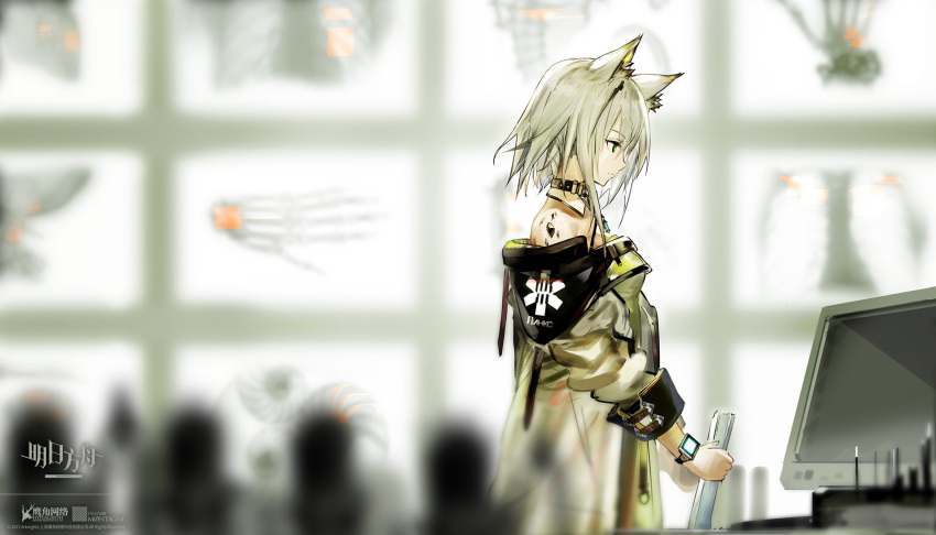1girl arknights artist_request bare_shoulders blurry blurry_background coat collar copyright_name cyrillic green_coat green_eyes green_hair highres holding holding_paper kal'tsit_(arknights) looking_down lynx_ears monitor official_art oripathy_lesion_(arknights) paper short_hair solo standing third-party_source watch watermark