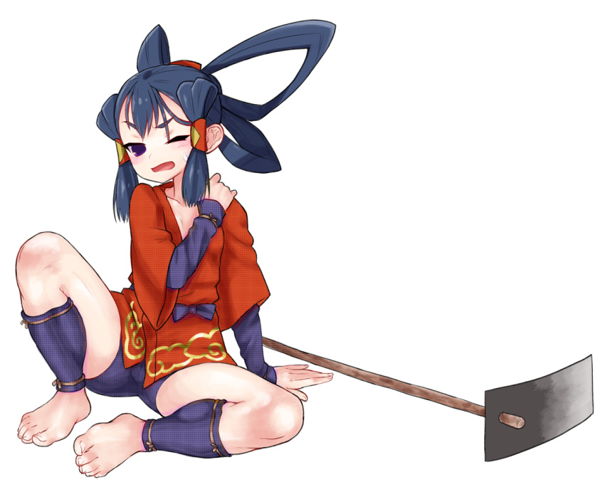 1girl ankle_wrap barefoot bike_shorts blue_hair blush breasts cameltoe feet hand_on_shoulder hoe japanese_clothes kimono off_shoulder one_eye_closed sakuna-hime short_kimono sitting small_breasts spread_legs tensui_no_sakuna-hime tied_hair up_(mmmmmmmmss) wince