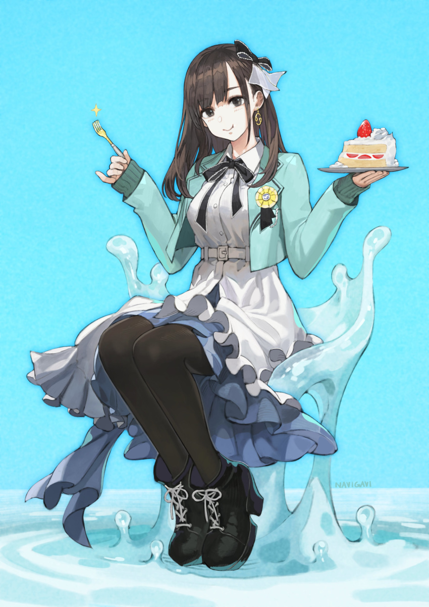 1girl absurdres artist_name belt black_bow black_footwear black_hair black_ribbon bow cake chain commentary_request earrings eating eyebrows_visible_through_hair food fork fruit hair_bow hanabasami_kyou highres holding holding_fork holding_plate jacket jewelry jun_(seojh1029) looking_at_viewer medal medium_hair neck_ribbon pantyhose pinky_out plate re:act ribbon sitting_on_water skirt sleeves_past_wrists solo sparkle sparkling_eyes strawberry strawberry_cake virtual_youtuber white_skirt