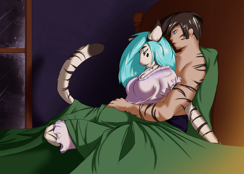 anthro belly_rub cuddling felid female hi_res human kynum male male/female mammal mark_ilmarinen night nightgown pantherine pregnant resting sapphire_(hunterx90) story story_in_description stripes tiger