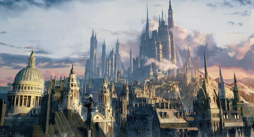 1girl arknights black_coat building castle city cloud coat day dome fantasy grey_sky highres holding holding_sword holding_weapon lappland_(arknights) lappland_(elegant_omen)_(arknights) long_hair ouko outdoors scenery solo standing sunlight sword very_wide_shot weapon