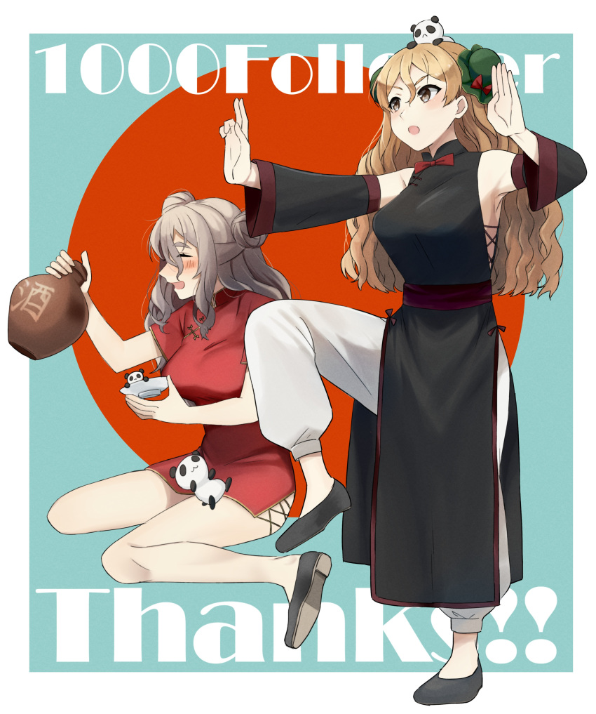 2girls absurdres alcohol alternate_costume alternate_hairstyle animal_on_head blonde_hair braid brown_eyes china_dress chinese_clothes closed_eyes commentary_request detached_sleeves double_bun dress drink fighting_stance french_braid grey_hair highres jar kantai_collection long_hair milestone_celebration multiple_girls on_head panda pants pola_(kantai_collection) pose red_dress sake standing standing_on_one_leg thick_eyebrows toriniku_senshi_chikinman wavy_hair white_pants zara_(kantai_collection)