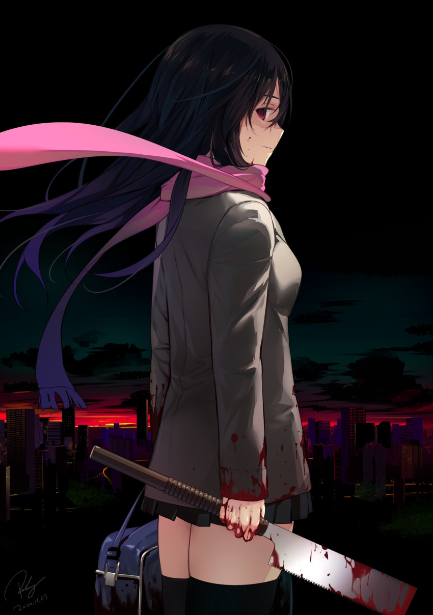 1girl bag black_hair black_legwear black_skirt blazer blood blood_on_face bloody_clothes breasts butcher_knife city cityscape cowboy_shot dated empty_eyes floating_hair from_side gradient_hair grey_jacket highres holding jacket katsura_kotonoha long_sleeves looking_at_viewer looking_to_the_side miniskirt multicolored_hair night night_sky outdoors pink_scarf pleated_skirt purple_hair re_lucy red_eyes scarf school_bag school_days school_uniform signature skirt sky small_breasts solo sunlight sunset thighhighs wind yandere zettai_ryouiki