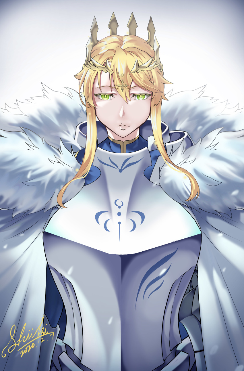 1girl absurdres ahoge armor artoria_pendragon_(all) artoria_pendragon_(lancer) bangs blonde_hair braid breastplate cape commentary crown eyebrows_visible_through_hair fate/grand_order fate_(series) french_braid fur-trimmed_cape fur_trim glowing glowing_eyes green_eyes hair_between_eyes highres long_hair looking_at_viewer love-saber sidelocks swept_bangs