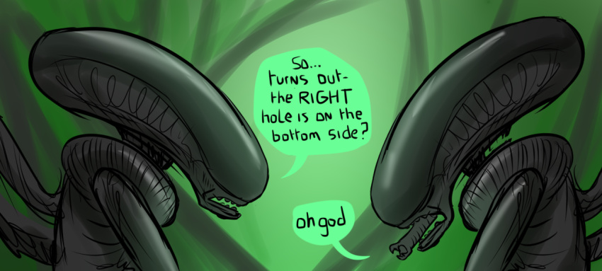 alien alien_(franchise) alien_humanoid ambiguous_gender captainzepto dialogue duo english_text humanoid humor shocked_expression text the_truth xenomorph