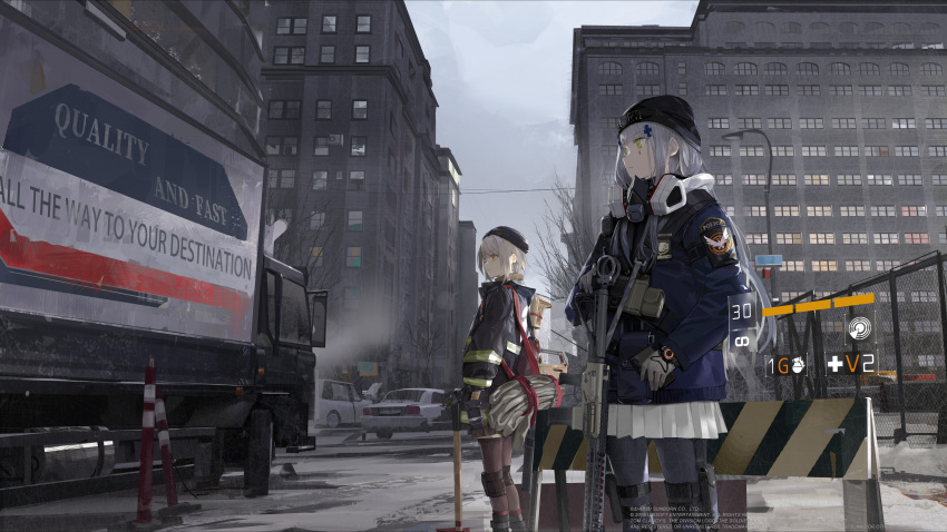 2girls absurdres agent_416_(girls_frontline) agent_vector_(girls_frontline) alternate_costume assault_rifle axe bangs black_gloves black_headwear blunt_bangs brown_legwear building car city closed_mouth english_text eyebrows_visible_through_hair facial_mark firefighter from_side gas_mask girls_frontline gloves green_eyes grey_gloves grey_hair grey_legwear grey_sky ground_vehicle gun h&amp;k_hk416 hair_ornament hat highres hk416_(girls_frontline) holding holding_gun holding_phone holding_weapon jacket knee_pads long_hair long_sleeves looking_away mask mask_removed motor_vehicle multiple_girls orange_eyes outdoors p416 paindude pantyhose phone police rifle road short_hair sidelocks silver_hair skirt sky standing street teardrop tom_clancy's_the_division truck user_interface vector_(girls_frontline) watch weapon white_skirt window wrist_cuffs wristwatch