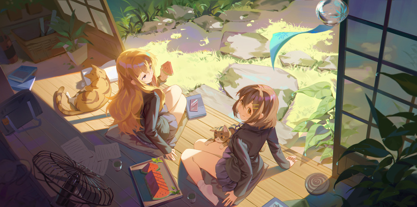 2girls animal asymmetrical_bangs bag bangs blonde_hair blue_eyes blue_skirt book brown_eyes brown_hair cat cellphone fan food fruit grass green_tea hair_ornament hairclip half-closed_eyes highres hirasawa_yui indoors k-on! kotobuki_tsumugi lan-ge-zi leaf long_hair long_sleeves looking_at_viewer looking_back looking_to_the_side matching_hair/eyes multiple_girls notebook open_book outdoors paper phone plant pleated_skirt potted_plant sakuragaoka_high_school_uniform school_bag school_uniform shiny shiny_hair short_hair sitting skirt smartphone socks soles stone style_request tareme tea tsurime wariza watermelon white_legwear wind_chime yokozuwari