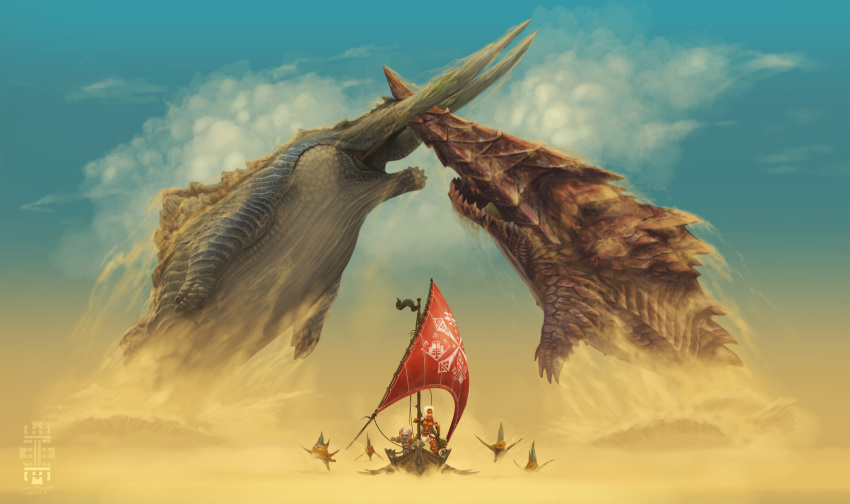 1girl 1other armor boat cat cloud commentary creature dah'ren_mohran delex desert english_commentary felyne fighting fish giant highres jhen_mohran monster monster_hunter sand scales size_difference sky tacuyanjun watercraft watermark