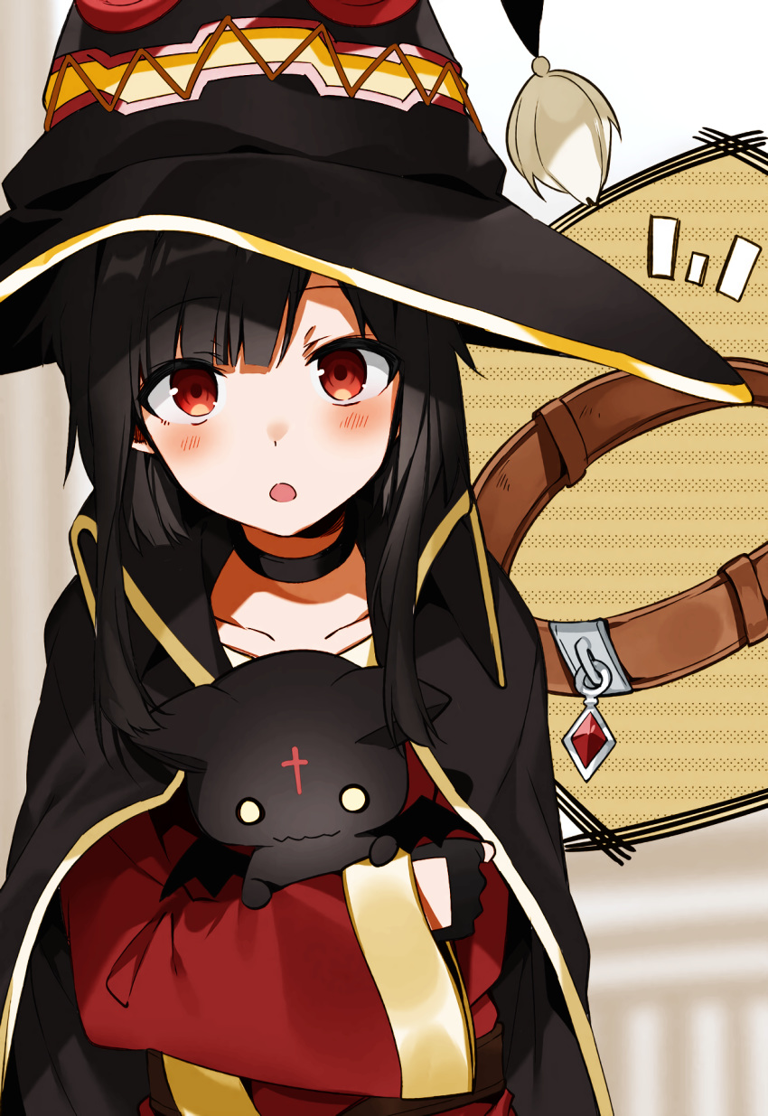 1girl belt belt_collar black_belt black_cape black_choker black_gloves black_headwear blush brown_belt cape choker chomusuke collar colorized ddukae dress fingerless_gloves gloves hat highres holding kono_subarashii_sekai_ni_shukufuku_wo! megumin open_mouth red_dress red_eyes short_hair_with_long_locks third-party_edit witch_hat