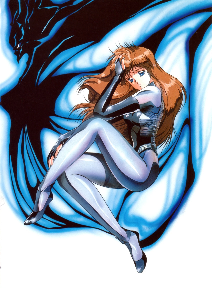 1980s_(style) 1girl bangs blue_eyes bodysuit breasts brown_hair dangaiou elbow_gloves fingerless_gloves from_side full_body gloves hand_on_own_head hand_on_own_leg highres hirano_toshihiro legs long_hair looking_ahead mia_alice non-web_source official_art parted_lips retro_artstyle scan shiny shiny_clothes skin_tight solo traditional_media very_long_hair