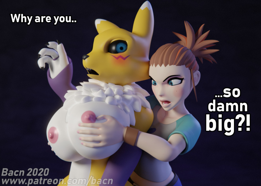 3d_(artwork) anthro bacn big_breasts black_sclera blush breast_envy breast_grab breast_squish breasts canid canine clothed clothing dialogue digimon digimon_(species) digital_media_(artwork) duo english_text female female/female fox fur hand_on_breast human interspecies mammal nipples nude open_mouth renamon rika_nonaka simple_background squish surprise text white_body white_fur yellow_body