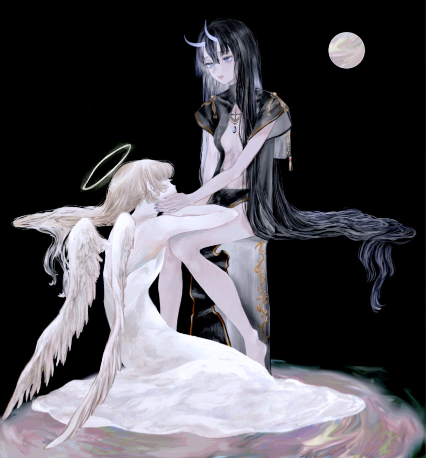 2girls angel bare_shoulders black_background black_hair blue_eyes blue_nails breasts cleavage closed_eyes dress feathered_wings full_moon hair_between_eyes hand_on_another's_cheek hand_on_another's_face highres horns invisible_chair light_brown_hair long_hair midriff moon multiple_girls original shirone_(coxo_ii) simple_background sitting small_breasts very_long_hair white_dress white_wings wings