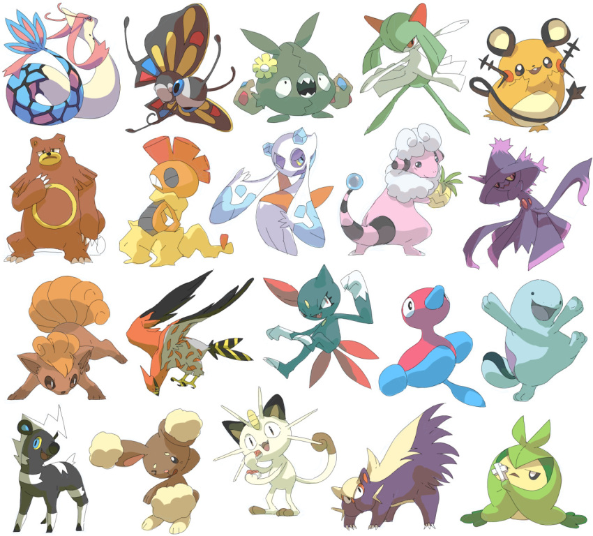 :d bear beautifly berry_(pokemon) black_eyes blitzle bug buneary bunny butterfly cat commentary dedenne english_commentary fangs flaaffy flower froslass gen_1_pokemon gen_2_pokemon gen_3_pokemon gen_4_pokemon gen_5_pokemon gen_6_pokemon insect jumping kirlia looking_at_viewer meowth milotic mismagius one_eye_closed open_mouth pinap_berry pinkgermy pokemon porygon2 pose quagsire scrafty simple_background smile sneasel standing standing_on_one_leg stunky swadloon talonflame trubbish ursaring vulpix white_background