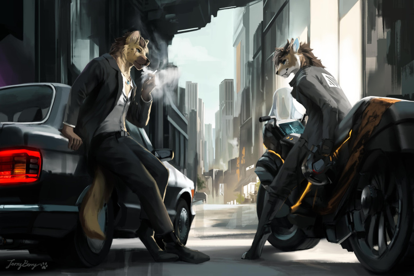 2020 absurd_res anthro brown_body brown_fur building car city clothed clothing detailed_background duo eye_contact fully_clothed fur hi_res holding_cigarette hyaenid kadrion light lighting looking_at_another male mammal motorcycle outside signature smoking vehicle