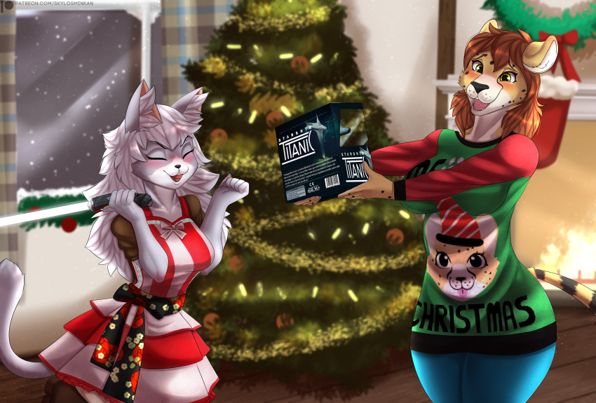 absurd_res anthro cheetah christmas christmas_clothing christmas_tree clothing domestic_cat felid feline felis hi_res holidays mammal skylosminkan tree