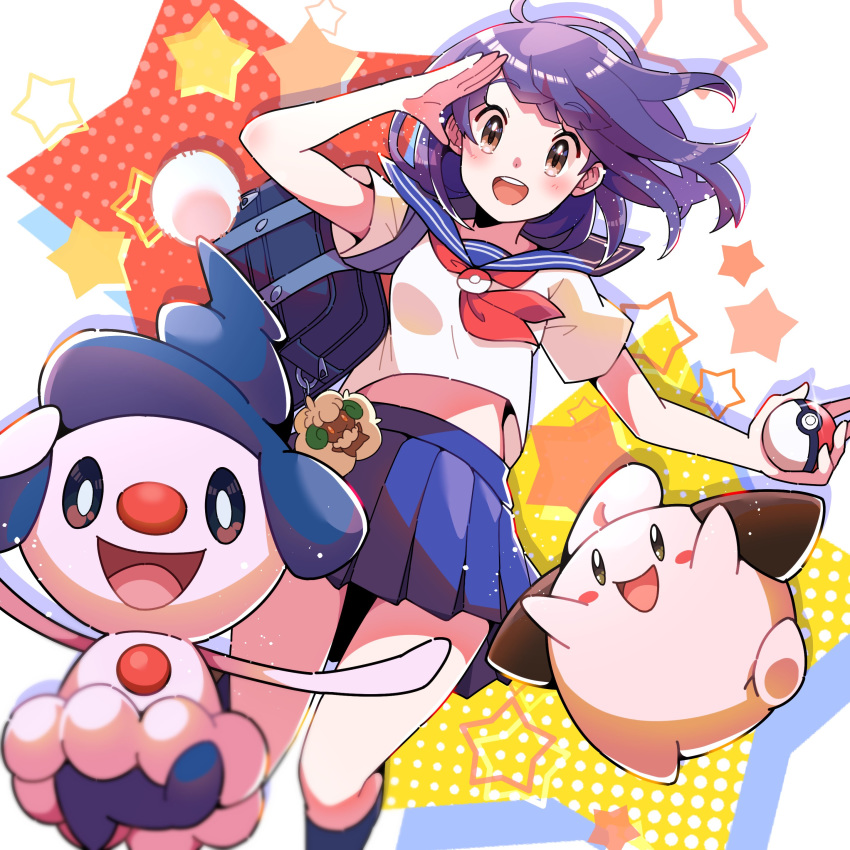 1girl :d absurdres bag bangs blush brown_eyes cleffa commentary_request eyebrows_visible_through_hair floating_hair gen_2_pokemon gen_4_pokemon gen_5_pokemon glint highres holding holding_poke_ball looking_at_viewer mime_jr. open_mouth pleated_skirt poke_ball poke_ball_(basic) pokemon pokemon_(creature) pon_yui purple_hair sailor_collar shiny shiny_hair shirt short_sleeves skirt smile socks star_(symbol) teeth tongue whimsicott