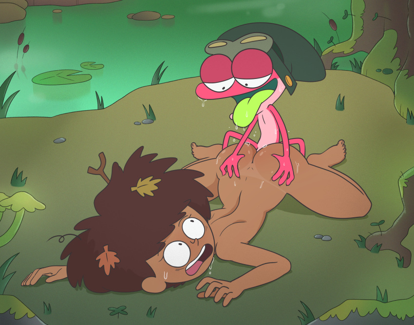 ambiguous_penetration amphibia_(series) amphibian anne_boonchuy anthro anthro_penetrating anthro_penetrating_human ardidon bodily_fluids butt butt_grab clothing dark_body dark_skin detailed_background disney drooling duo eyewear feet female female_on_anthro female_penetrated frog fungus goggles grass green_tongue hair half-closed_eyes hand_on_butt headgear headwear hi_res human human_on_anthro human_penetrated interspecies leaf looking_back male male/female male_on_human male_penetrating male_penetrating_female mammal multicolored_body multicolored_skin mushroom narrowed_eyes nude open_mouth penetration pink_body pink_skin rock saliva sex size_difference sprig_plantar sweat tongue tongue_out tree two_tone_body two_tone_skin water young