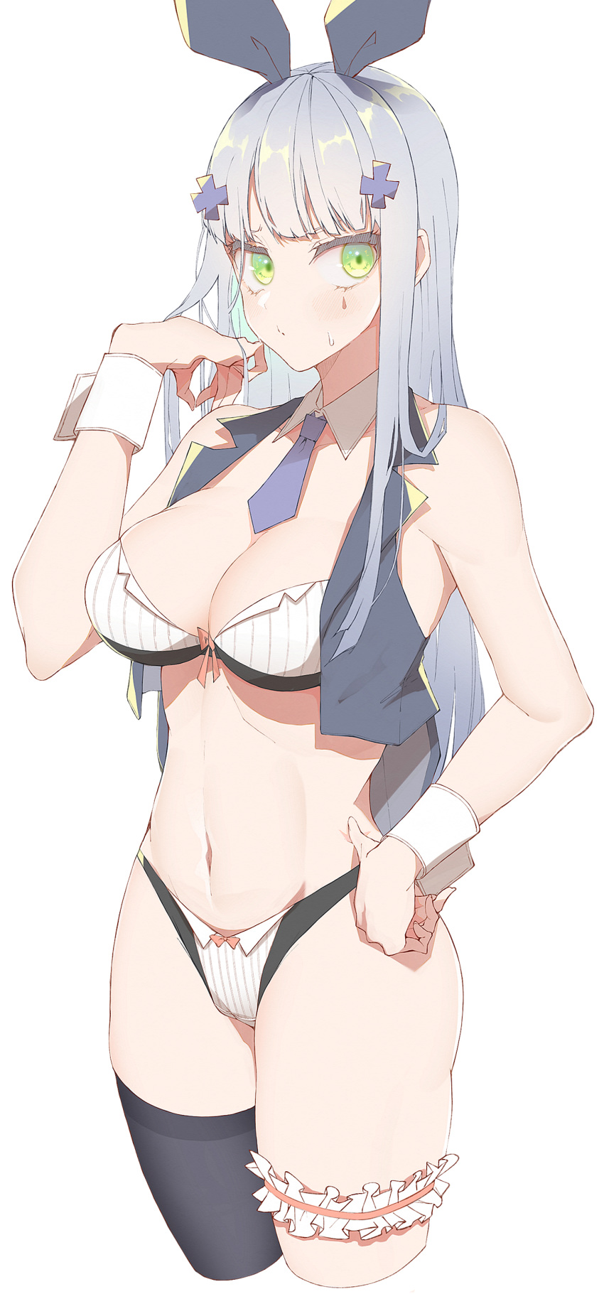 1girl absurdres bangs bare_shoulders bikini blue_neckwear blunt_bangs bow bow_bikini bow_panties breasts cleavage cowboy_shot cropped_legs detached_collar e_sky_rugo flipped_hair frills girls_frontline green_eyes hair_ornament hand_on_hip highres hk416_(girls_frontline) linea_alba long_hair looking_to_the_side midriff navel necktie panties pouty_lips silver_hair simple_background single_thighhigh solo sweatdrop swimsuit teardrop_tattoo thigh_strap thighhighs thighs underwear vest white_background wing_collar wrist_cuffs x_hair_ornament