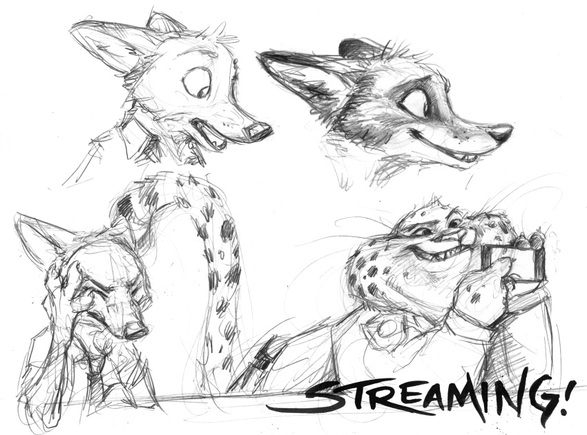 anthro benjamin_clawhauser canid canine cellphone cheetah clothed clothing disney english_text eyes_closed felid feline fox fully_clothed fur grin hi_res holding_cellphone holding_object holding_phone kenket mammal monochrome necktie nick_wilde open_mouth phone red_fox shirt simple_background sketch smile spots spotted_body spotted_fur teeth text topwear whiskers white_background zootopia