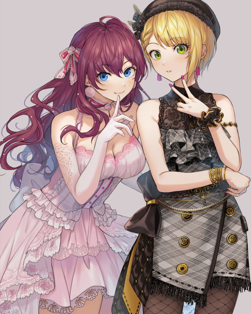 2girls :3 ahoge armlet artist_request beret blonde_hair blue_eyes bracelet braid breasts brown_hair buttons choker cleavage commentary_request dress earrings elbow_gloves fingernails fishnet_legwear fishnets frilled_dress frills gloves green_eyes grey_background grey_dress hair_ribbon hat highres ichinose_shiki idolmaster idolmaster_cinderella_girls jewelry lace-trimmed_choker lace-trimmed_gloves lace_trim large_breasts lazy_lazy_(idolmaster) long_hair looking_at_viewer miyamoto_frederica multiple_girls nail_polish pantyhose pink_dress pink_nails plaid plaid_dress ribbon scrunchie short_hair sleeveless sleeveless_dress wavy_hair white_gloves wrist_scrunchie