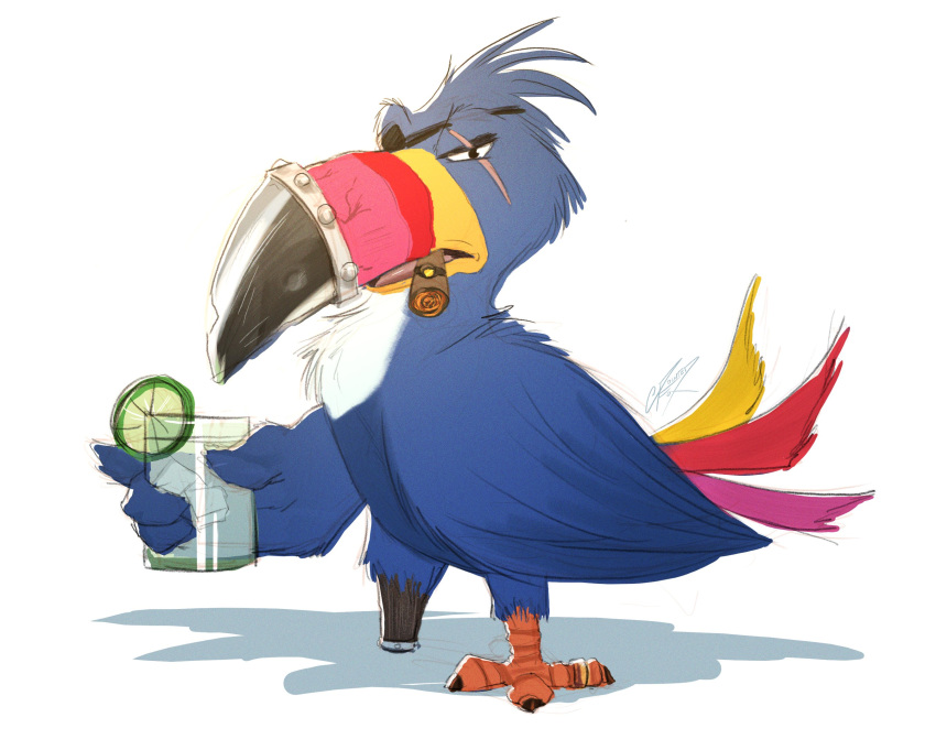 2020 avian bird blue_body blue_feathers cup eye_patch eye_scar eyewear facial_scar feathers froot_loops hi_res holding_cup holding_object ice_cube kellogg's looking_at_viewer mascot pegleg pointedfox scar signature simple_background solo toucan toucan_sam white_background