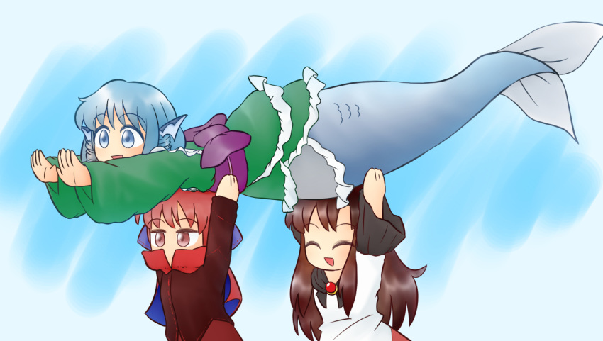 3girls arms_up blue_background blue_eyes blue_hair brooch brown_hair brown_shirt cape chibi closed_eyes commentary_request gradient gradient_background grass_root_youkai_network green_kimono head_fins imaizumi_kagerou japanese_clothes jewelry kimono lifting_person long_hair long_sleeves looking_to_the_side mermaid monster_girl multiple_girls obi open_mouth outstretched_arms red_eyes red_hair sash sekibanki shawl shirt short_hair short_kimono standing touhou upper_body very_long_hair wakasagihime white_shirt yukimuro