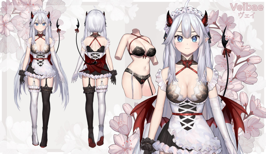 1girl alternate_costume bangs black_bra black_gloves bra breasts character_sheet cropped_arms cropped_legs demon_girl demon_horns demon_tail demon_wings elbow_gloves english_commentary flower gloves highres horns indie_virtual_youtuber maid maid_headdress medium_breasts mismatched_gloves mixed-language_commentary multiple_views navel neonbeat official_alternate_costume official_art open_hands pointy_ears single_elbow_glove succubus tail thighhighs underwear vei_(vtuber) virtual_youtuber white_gloves wings