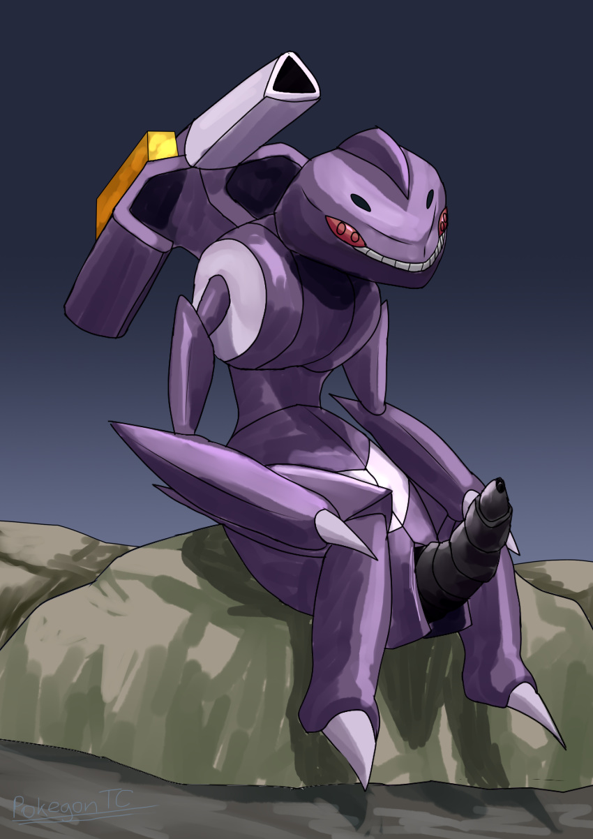 2020 absurd_res anthro arthropod black_penis cannon claws digital_media_(artwork) erection genesect genitals hi_res insect legendary_pok&eacute;mon machine male nintendo penis pok&eacute;mon pok&eacute;mon_(species) purple_body ranged_weapon red_eyes robot rock simple_background sitting solo t-ace_juice teeth video_games weapon