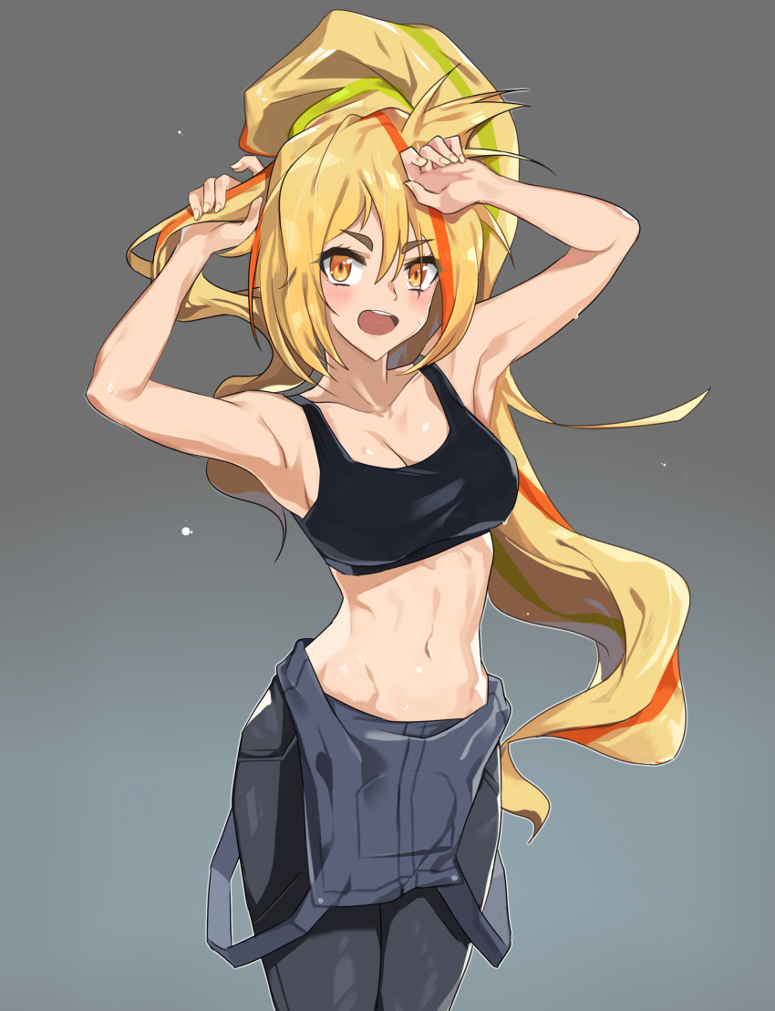 1girl :d absurdres armpits arms_up bare_arms bare_shoulders black_pants black_shirt blonde_hair breasts cleavage collarbone crop_top gimnang gradient gradient_background grey_background hair_between_eyes high_ponytail highres holding holding_hair large_breasts long_hair looking_at_viewer midriff multicolored_hair navel nikaidou_saki open_mouth orange_eyes overalls pants ponytail shirt sleeveless sleeveless_shirt smile solo sports_bra standing stomach streaked_hair sweat very_long_hair zombie_land_saga
