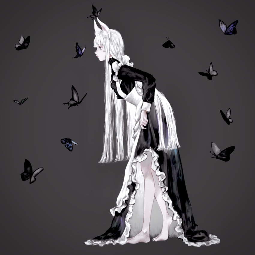 1girl animal_ears barefoot black_butterfly black_dress bug butterfly dress full_body grey_background highres insect lifted_by_self long_hair long_sleeves original pale_skin profile shirone_(coxo_ii) simple_background skirt skirt_lift solo very_long_hair white_hair