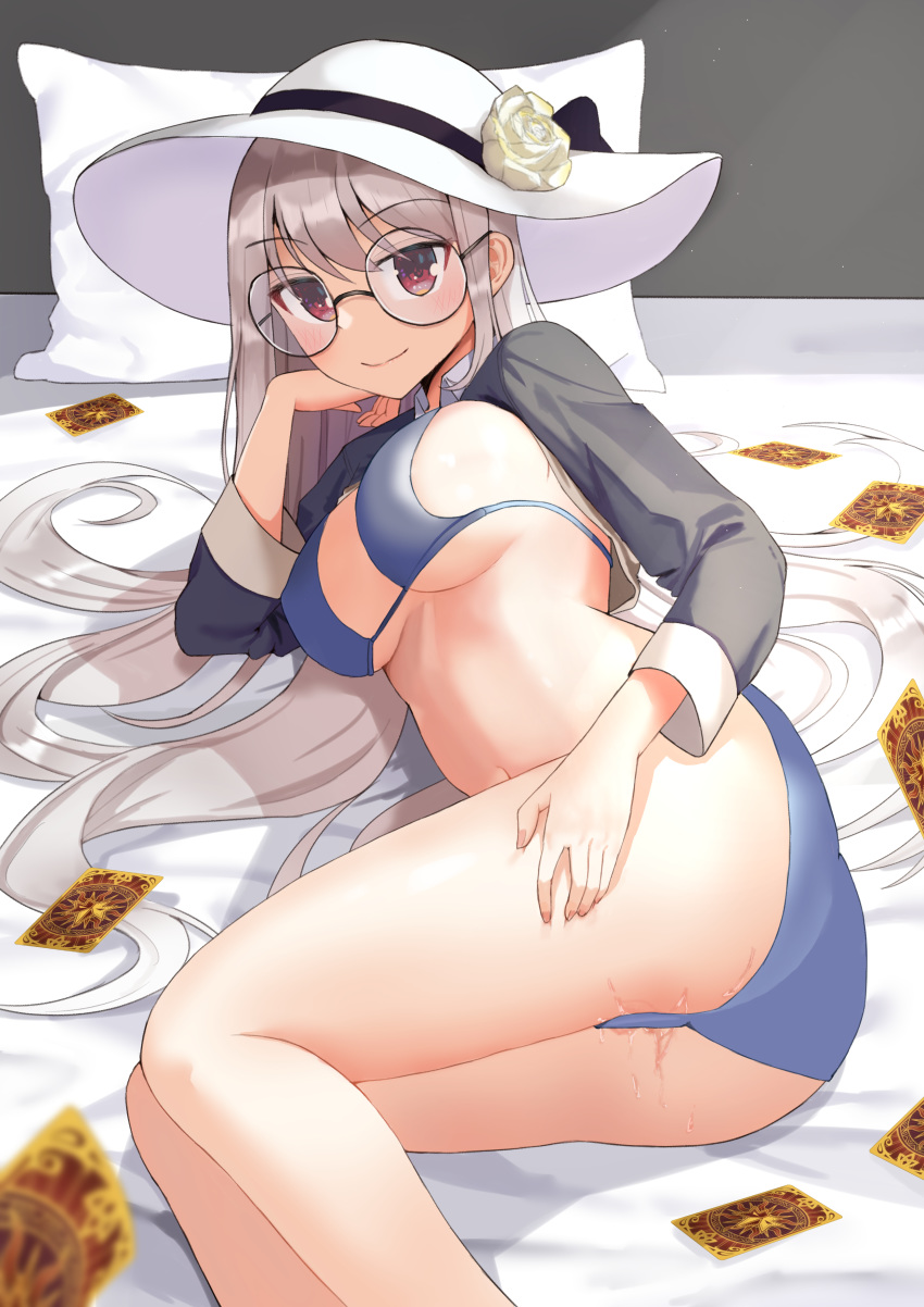 1girl absurdres ass bikini blue_bikini boo_iro breasts card chin_rest cleavage commission glasses hand_on_own_thigh hat highres large_breasts long_hair long_sleeves looking_at_viewer lying maplestory on_side playing_card pussy_juice reclining red_eyes round_teeth shrug_(clothing) silver_hair smile solo stomach string_bikini sun_hat swimsuit teeth thighs very_long_hair white_headwear wing_collar