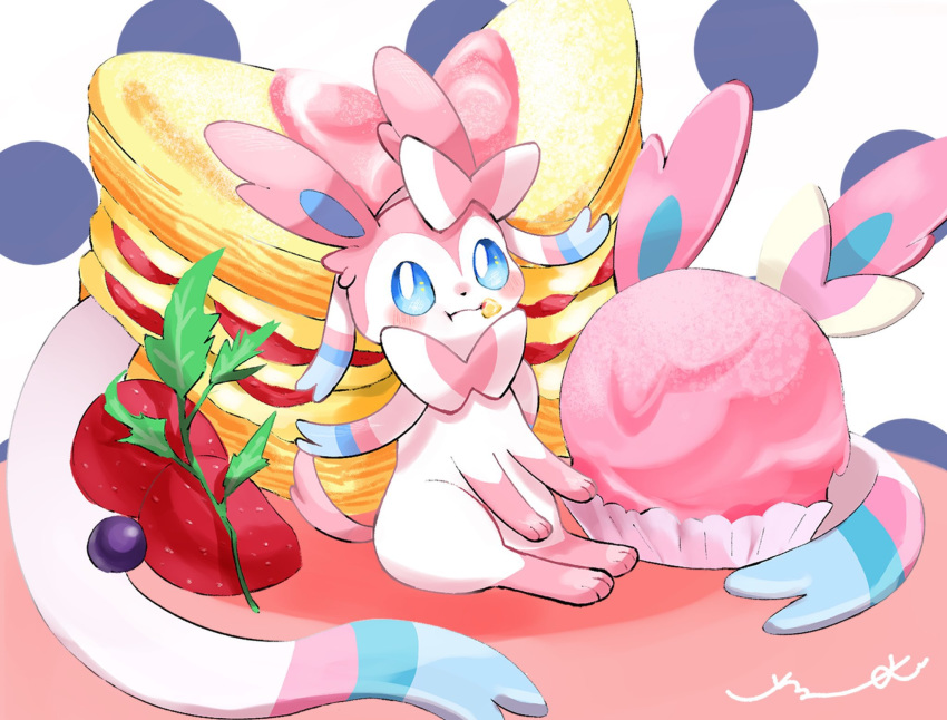 :t blue_eyes blush closed_mouth commentary_request creature food food_on_face fruit gen_6_pokemon highres leaf looking_at_viewer no_humans pancake paws pokemon pokemon_(creature) signature sitting strawberry surumeika_(ninfiiiir) sylveon