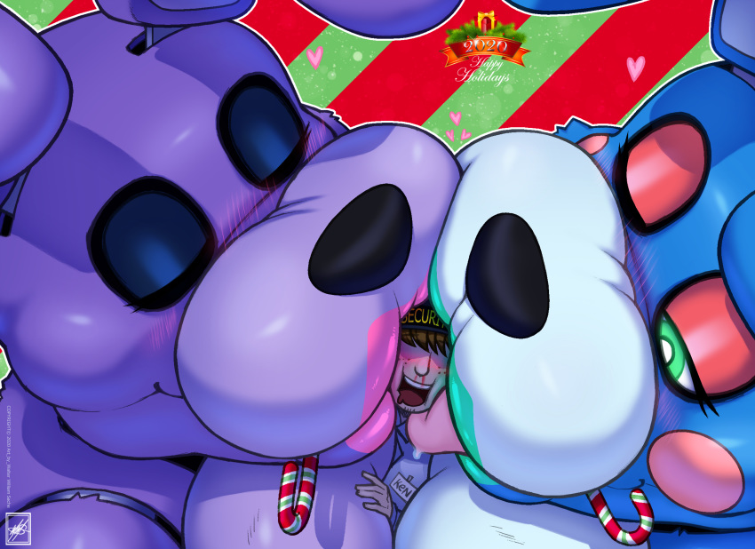 absurd_res animatronic anthro bonnie_(fnaf) candy candy_cane dessert female five_nights_at_freddy's five_nights_at_freddy's_2 food group hi_res human humanoid kissing_cheek lagomorph machine male male/female mammal robot sandwiched security_guard toy_bonnie_(fnaf) video_games walter_sache