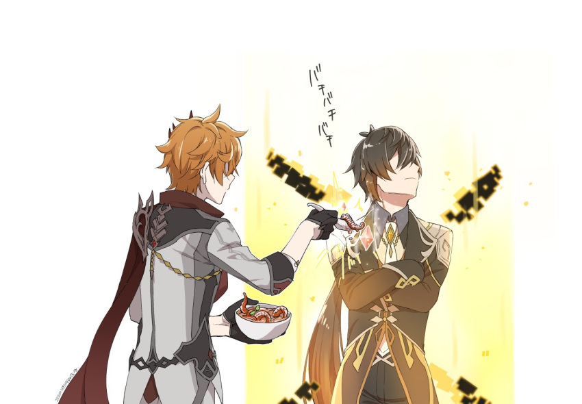 2boys 4s4s8_g barrier black_gloves black_hair bowl brown_hair closed_mouth crossed_arms dated food gem genshin_impact gloves gradient gradient_hair holding holding_bowl holding_spoon long_hair male_focus multicolored multicolored_hair multiple_boys orange_hair red_scarf scarf shaded_face signature sleeves_rolled_up soup spoon tartaglia_(genshin_impact) tentacles white_background zhongli_(genshin_impact)