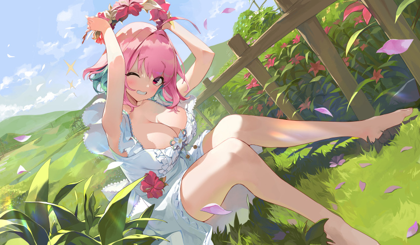 1girl ahoge arms_up bangs bare_legs barefoot blue_sky blush breasts bsue day dress eyebrows_visible_through_hair flower flower_wreath grass grin hibiscus highres holding idolmaster idolmaster_cinderella_girls large_breasts looking_at_viewer multicolored_hair one_eye_closed outdoors petals pink_hair plant raised_eyebrows short_hair sitting sky sleeveless sleeveless_dress smile solo two-tone_hair white_dress yumemi_riamu