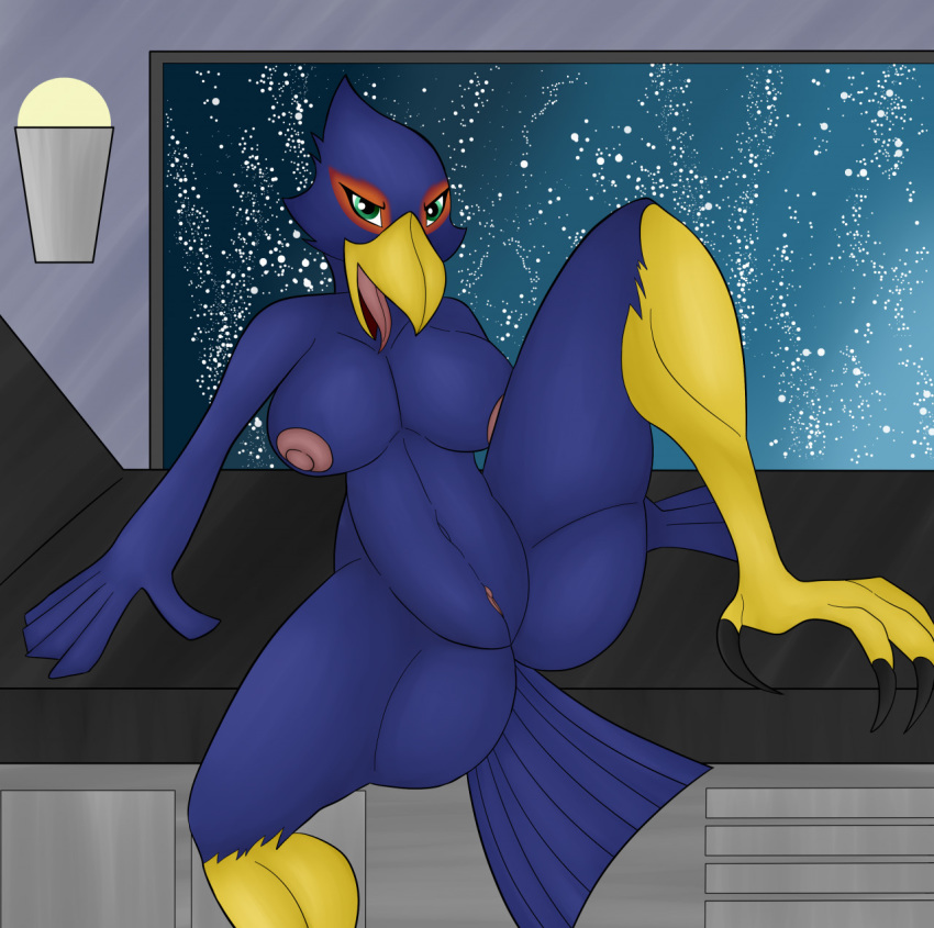 anthro avian bird blue_body blue_feathers breasts crossgender falco_lombardi falcon falconid feathers female genitals hi_res looking_at_viewer nintendo nipples non-mammal_breasts open_mouth pussy rorrek solo space spacecraft spread_legs spreading star_fox tongue tongue_out vehicle video_games