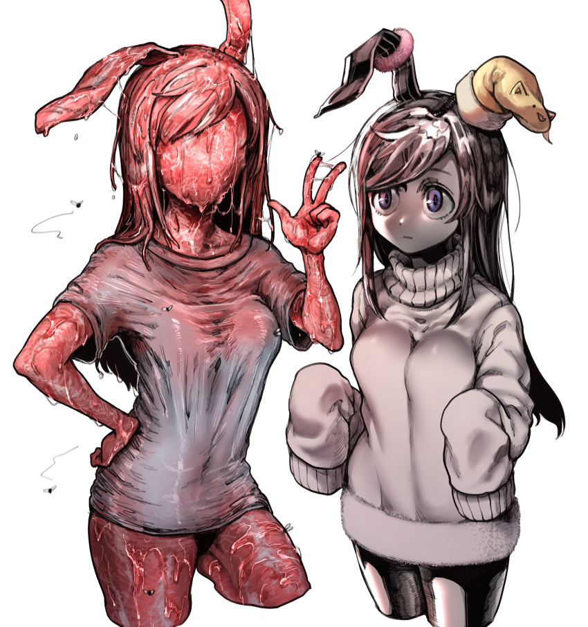 2girls animal_ears bangs blue_eyes breasts bug bunny_ears closed_mouth commentary_request cookie_(touhou) cowboy_shot faceless faceless_female fly food grey_shirt grey_sweater hand_on_hip highres hisui_(cookie) insect long_hair looking_at_another meat meat_hisui_(cookie) medium_breasts metal_hisui_(cookie) multiple_girls naked_shirt naked_sweater nicoseiga94742271 no_skin reisen_udongein_inaba scrunchie shiny shiny_hair shirt simple_background sleeves_past_wrists sweater swept_bangs t-shirt touhou turtleneck turtleneck_sweater wet white_background