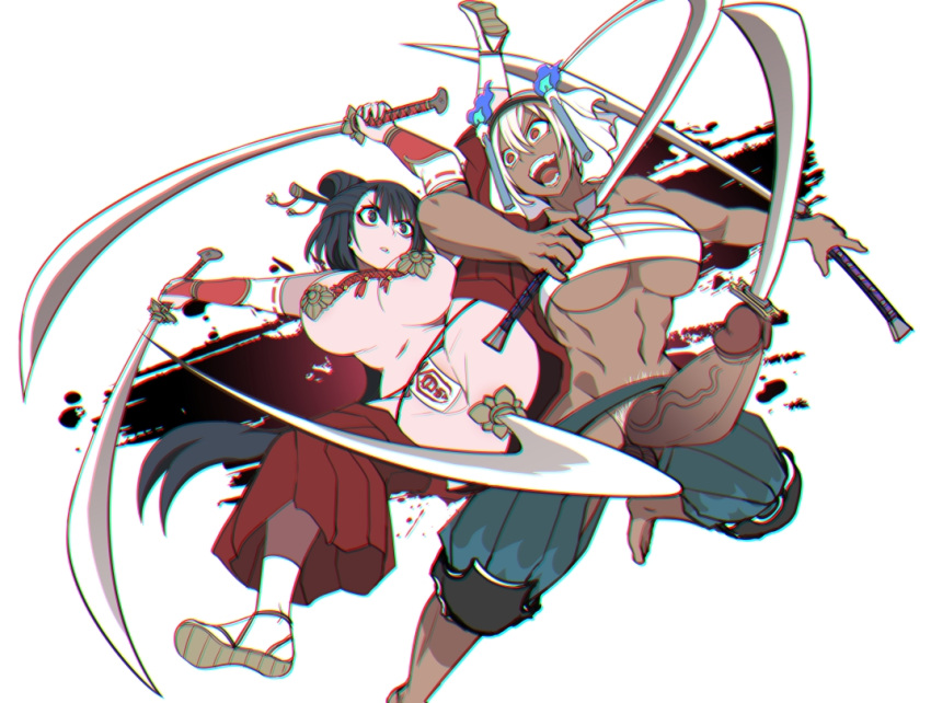 2girls anal anal_object_insertion bandages barefoot battle black_eyes black_hair blue_fire breasts candle chromatic_aberration dark_skin dark_skinned_female dual_wielding erection fire flame futanari hair_between_eyes holding holding_sword holding_weapon kannovaku katana large_breasts large_penis leg_up long_hair looking_at_another multiple_girls navel object_insertion open_mouth original parted_lips penis pubic_hair red_eyes sketch sword talisman teeth tongue veins veiny_penis weapon what white_hair white_pubic_hair