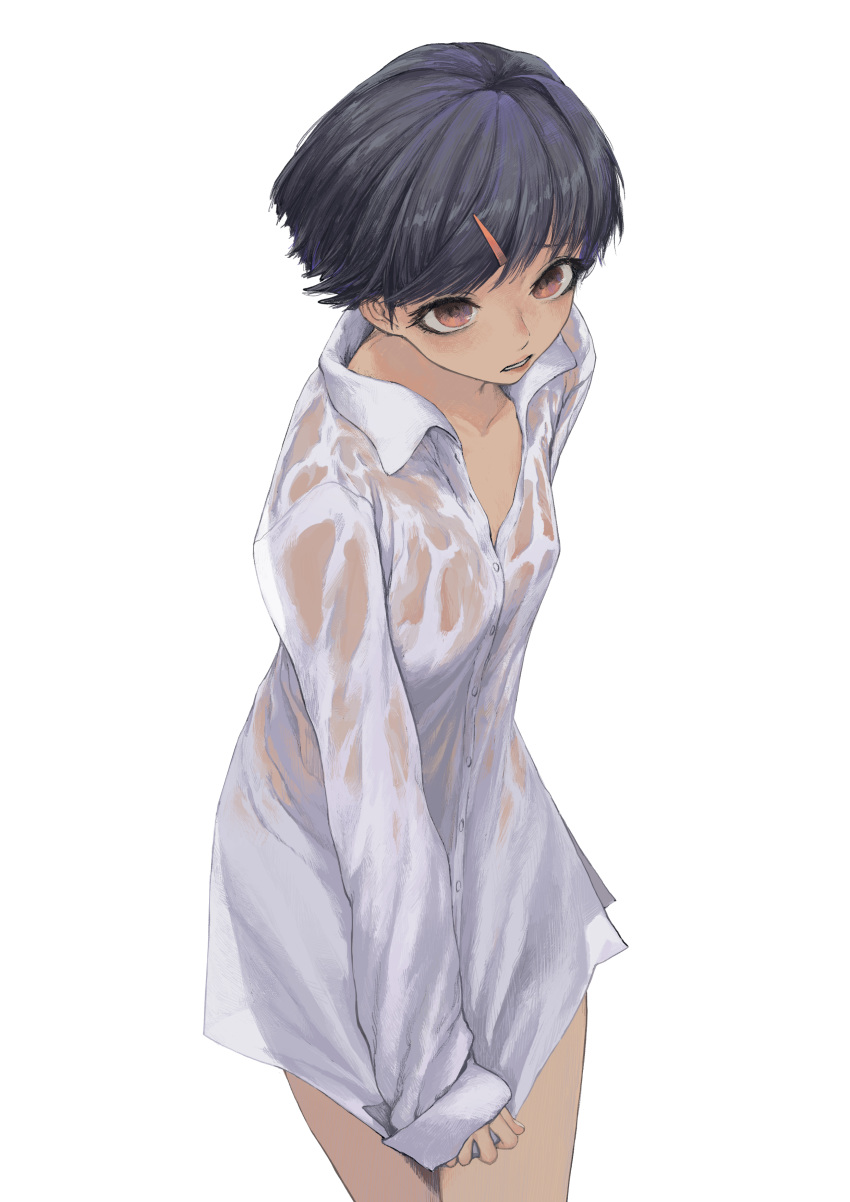 1girl absurdres b9_(rrrqqq) black_hair brown_eyes collarbone dark_skin dark_skinned_female hair_ornament hairclip highres no_pants original parted_lips short_hair simple_background sleeves_past_wrists solo wet wet_clothes white_background