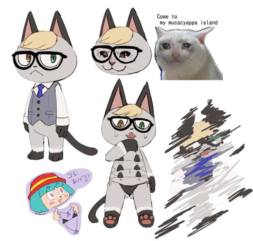 animal_crossing anthro bikini blonde_hair clothed clothing crossdressing crying_cat embarrassed eyewear fur glasses grey_body grey_fur hair heterochromia hi_res male meme necktie nintendo nipples raymond_(animal_crossing) ssas swimwear topwear vest video_games