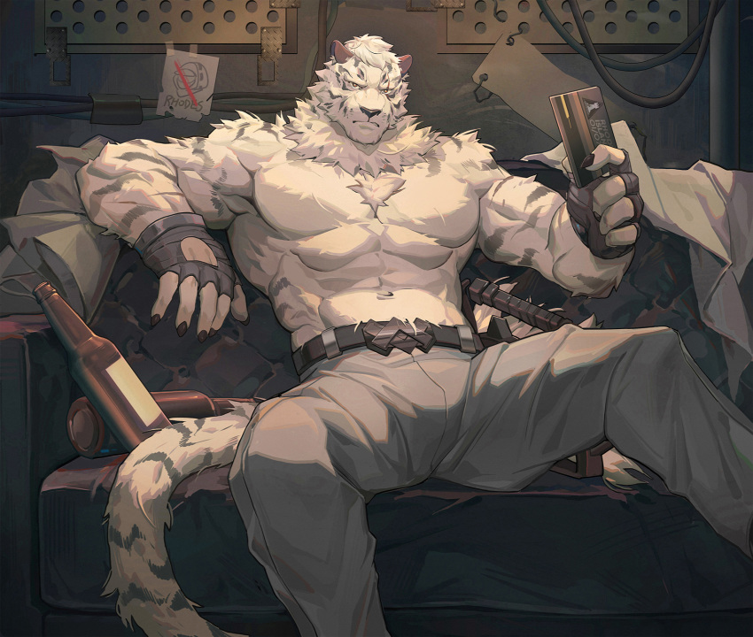 1boy abs animal_ears arknights bara belt black_belt bulge chest_hair couch feet_out_of_frame fingerless_gloves furry gloves grey_pants highres male_focus mao_ten_go mountain_(arknights) muscle navel no_nipples pants pectorals scar scar_across_eye shirtless short_hair sitting solo spread_legs tail tiger_boy tiger_ears tiger_stripes tiger_tail white_fur white_hair