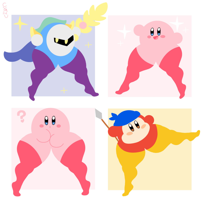 &lt;3 absurd_res ambiguous_gender bandana_waddle_dee bandanna blush cape clothing cyanu featureless_hands feet gloves group handwear hi_res humanoid_feet kerchief kirby_(character) kirby_(series) legwear mask melee_weapon meta_knight nintendo not_furry polearm shoulder_pads simple_background smile spear stockings sword sword_pointing thick_thighs thigh_highs video_games waddle_dee waddling_head weapon