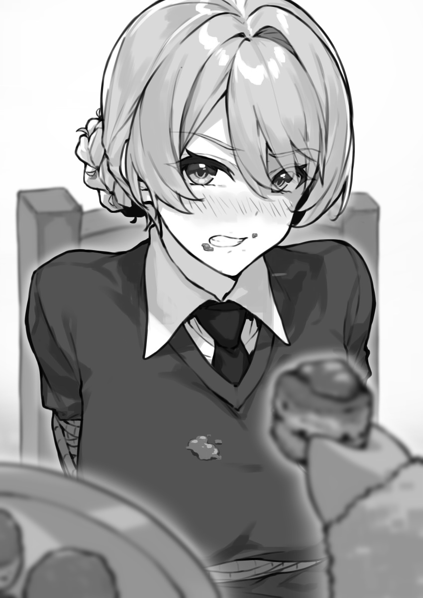 1girl absurdres angry bangs blush bound chair clenched_teeth commentary_request darjeeling_(girls_und_panzer) dress_shirt eyebrows_visible_through_hair feeding food food_on_breasts food_on_face force-feeding girls_und_panzer greyscale highres holding holding_food kimi_tsuru looking_at_viewer monochrome necktie pov rope school_uniform shirt short_hair solo_focus st._gloriana's_school_uniform sweater teeth tied_hair tied_to_chair v-neck white_background white_shirt