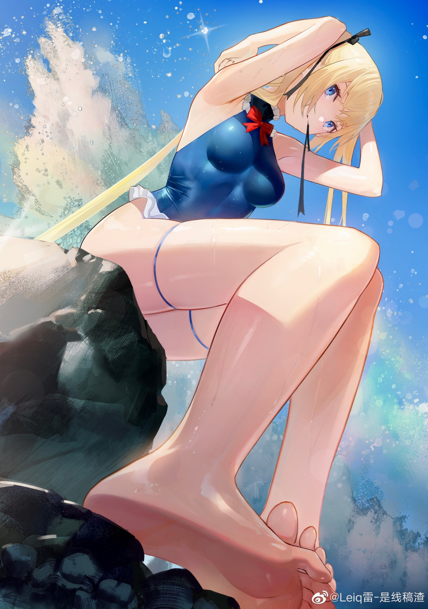 absurdres armpits arms_up azur_lane bare_legs barefoot blonde_hair blue_eyes blue_sky breasts day dead_or_alive dutch_angle feet foreshortening hair_ribbon highres leiq long_hair marie_rose medium_breasts mouth_hold one-piece_swimsuit outdoors ribbon ribbon_in_mouth sitting sky swimsuit thigh_ribbon twintails weibo_username