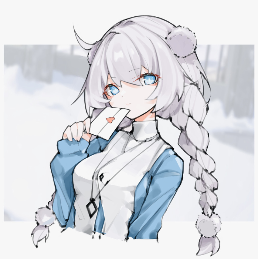 1girl bangs benghuai_xueyuan blue_eyes braid breasts closed_mouth error1980 eyebrows_visible_through_hair eyelashes highres holding holding_letter honkai_(series) honkai_impact_3rd kiana_kaslana letter long_hair long_sleeves looking_at_viewer sleeves sleeves_past_wrists snow twin_braids white_hair winter