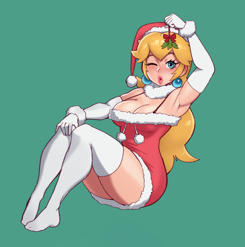 1girl alternate_costume arm_up armpits blonde_hair blue_eyes breasts cleavage dress earrings gloves green_background hat highres jewelry large_breasts long_hair looking_at_viewer mairo mario_(series) mistletoe one_eye_closed pink_lips princess_peach puckered_lips rizdraws santa_costume santa_hat simple_background thick_thighs thighhighs thighs tight_dress white_legwear