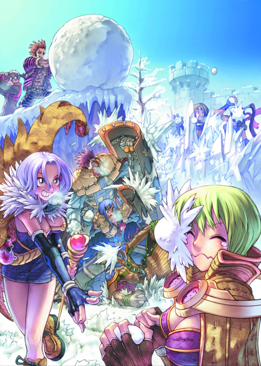 4girls 5boys abs alchemist_(ragnarok_online) animal_print armor assassin_(ragnarok_online) bangs black_coat blonde_hair blue_dress blue_hair breastplate breasts brown_cape brown_eyes brown_hair brown_pants cape capelet castle cleavage clenched_teeth cliff closed_eyes closed_mouth coat crusader_(ragnarok_online) dress falling full_body fur_capelet fur_jacket gauntlets green_hair grin hair_between_eyes high_collar highres holding holding_shield holding_snowball holding_staff holding_weapon in_the_face jacket light_purple_hair long_hair looking_at_another looking_to_the_side mace medium_breasts multiple_boys multiple_girls myung-jin_lee official_art open_mouth pants pauldrons ponytail potion priest_(ragnarok_online) pushing ragnarok_online red_coat red_hair red_jacket red_scarf rogue_(ragnarok_online) rolling sage_(ragnarok_online) scarf shield short_dress short_hair shoulder_armor smile snow snowball snowball_fight sparkling_eyes staff standing teeth throwing tiger_print upper_body wavy_mouth weapon winter wizard_(ragnarok_online)