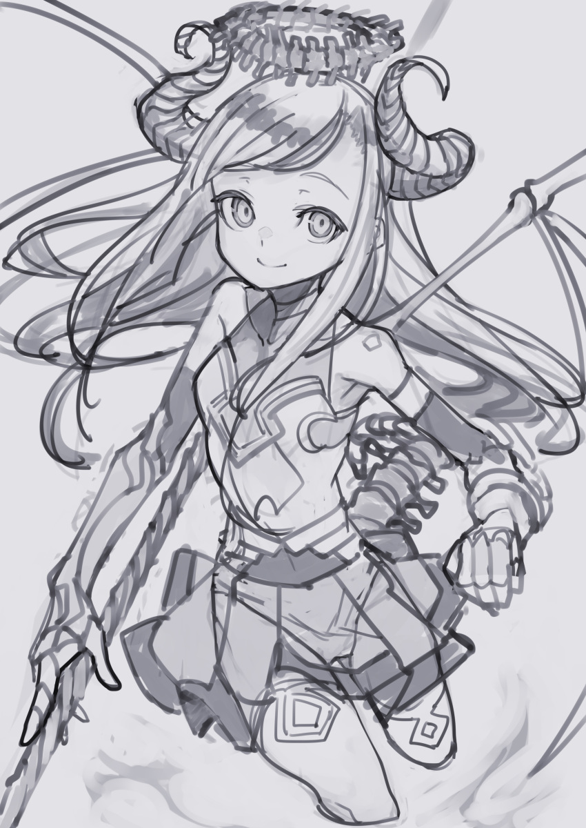 1girl absurdres bare_shoulders closed_mouth collarbone covered_collarbone demon_girl demon_horns demon_wings elbow_gloves gloves greyscale halo highres holding holding_polearm holding_weapon horns izayoi_cha long_hair monochrome original polearm skeletal_wings sketch skirt smile solo spine tail thighhighs weapon wings