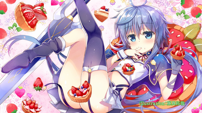 1girl alzano_school_uniform artist_name ass asymmetrical_gloves bangs black_legwear blue_capelet blue_eyes blue_gloves blue_hair blush breasts capelet cream cream_on_face crop_top end_card eyebrows_visible_through_hair finger_licking finger_to_mouth food food_on_face fruit fujima_takuya garter_straps gloves hair_between_eyes highres holding holding_food legs licking long_hair midriff miniskirt navel official_art pleated_skirt ponytail rokudenashi_majutsu_koushi_to_akashic_record ryiel_rayford school_uniform shiny shiny_hair skirt small_breasts solo stomach strawberry sword thighhighs upskirt very_long_hair weapon white_skirt wrist_cuffs